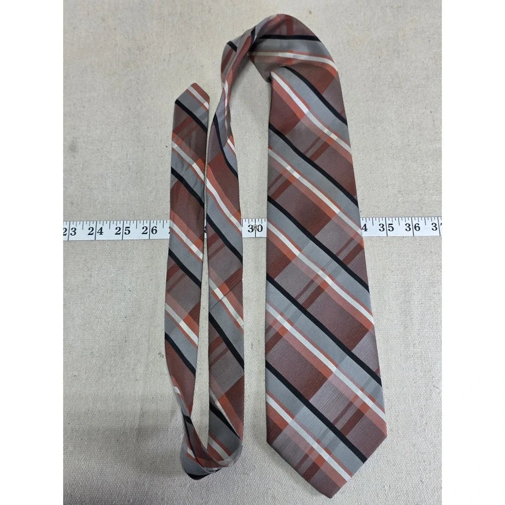 Vintage Wembley Wemlon Mens Plaid Necktie Brown Grey Orange Washable Polyester